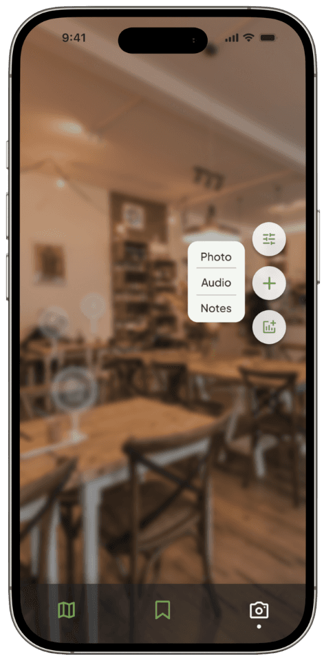 AR camera view with a radial menu for photo, audio and note posts