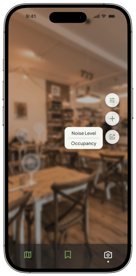 Camera view of a cafe with a noise level and occupancy report menu