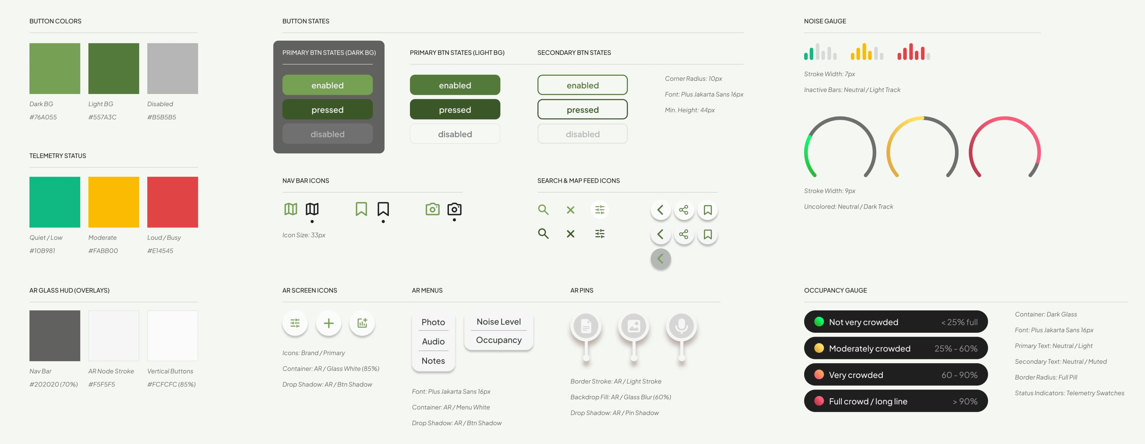 FindMyHaven design system sheet with button colors, telemetry status colors, button states, icons and occupancy gauges