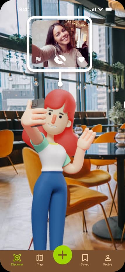 Initial FindMyHaven design: a character taking a selfie in a cafe with a video call overlay