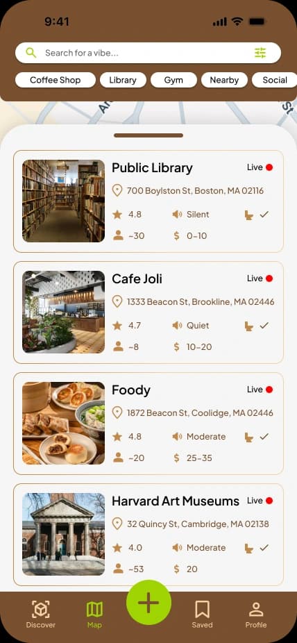 Initial FindMyHaven design: a list of nearby places like a public library, cafe and museum