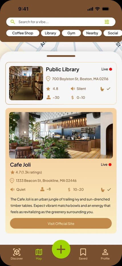 Initial FindMyHaven design: place details for Cafe Joli with a visit link