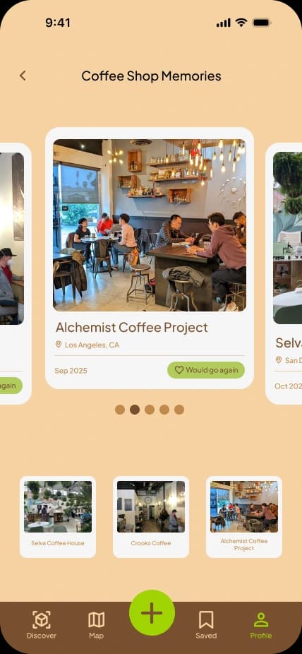 Initial FindMyHaven design: a Coffee Shop Memories carousel