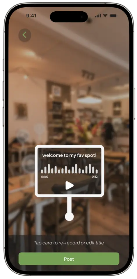 AR post with a playable audio waveform pinned inside a cafe