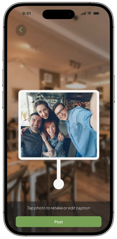 AR post of a group photo pinned inside a cafe