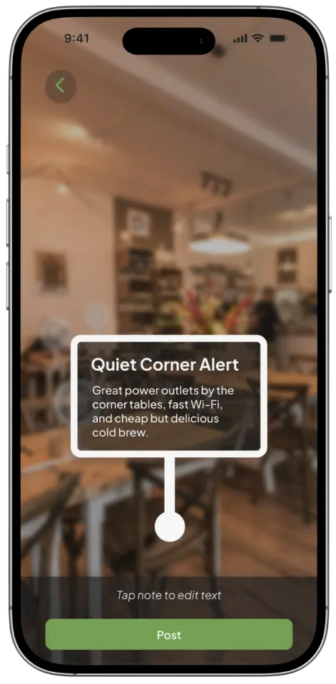 AR note card titled Quiet Corner Alert pinned inside a cafe