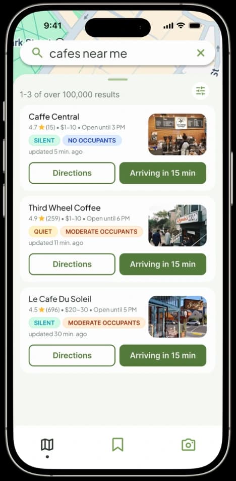 FindMyHaven search results listing nearby cafes with live occupancy and arrival times