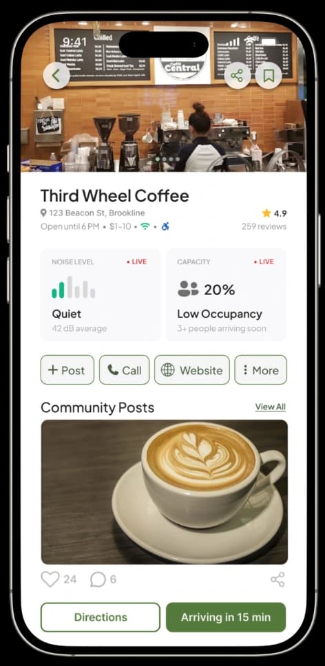 FindMyHaven app screen for Third Wheel Coffee showing live noise level and capacity
